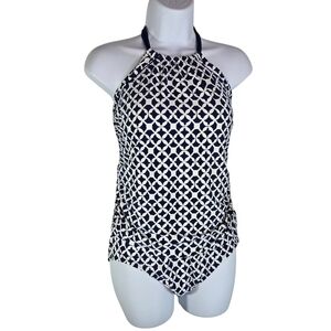 Athena Navy White Halter Mosaic Tile Print One Piece Swimsuit